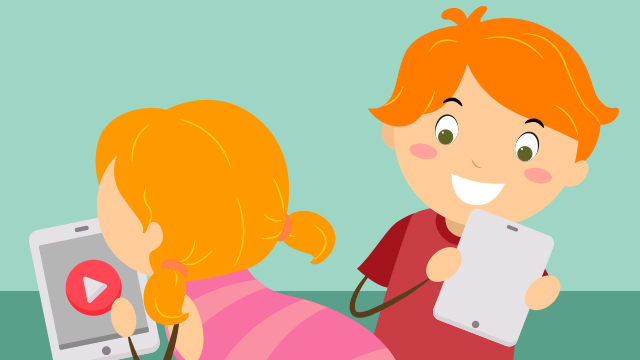 Cartoon image of a happy little boy and girl using their iPads.