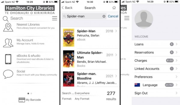 Screenshots of the Hamilton City Libraries app