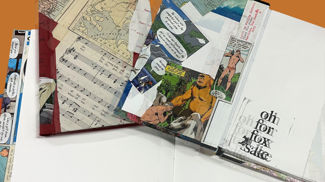 Journals made with pages of old books, including music scores and graphic novels.